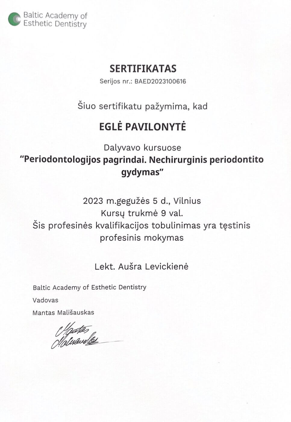 Eglė Tupalskė Sertifikatas