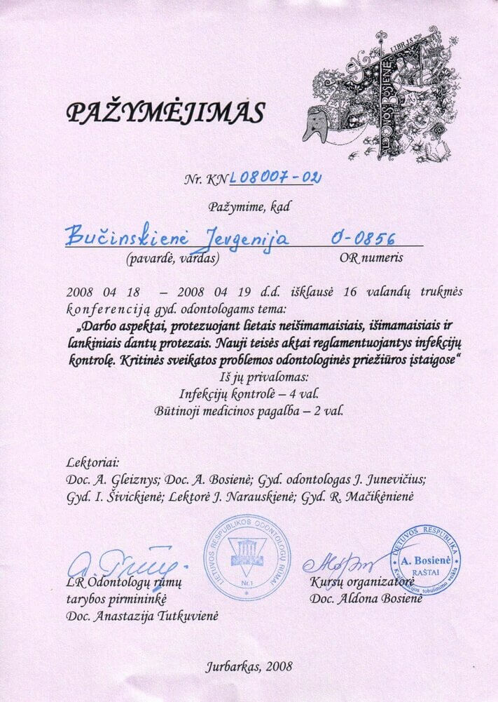 Eugenija Bučinskienė pažymėjimas