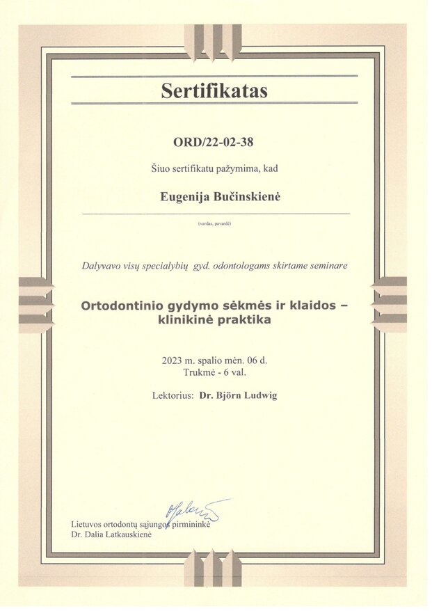 Eugenijos Bučinskienė sertifikatas