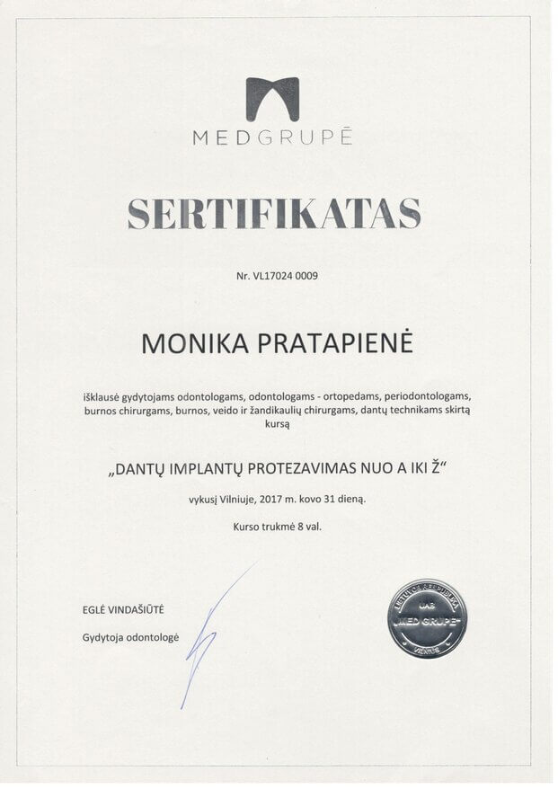 Monika Pratapienė sertifikatas