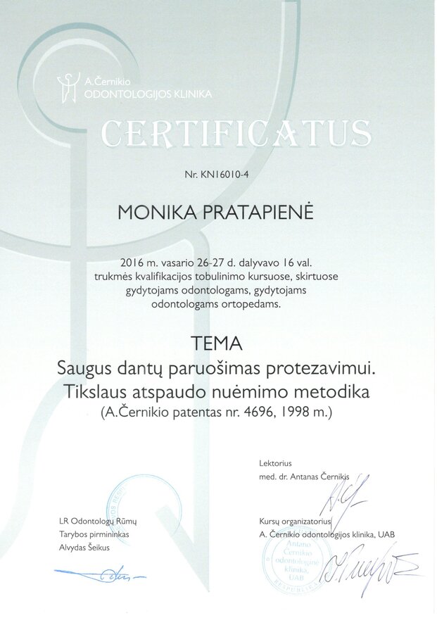 Monikos Pratapienės sertifikatas